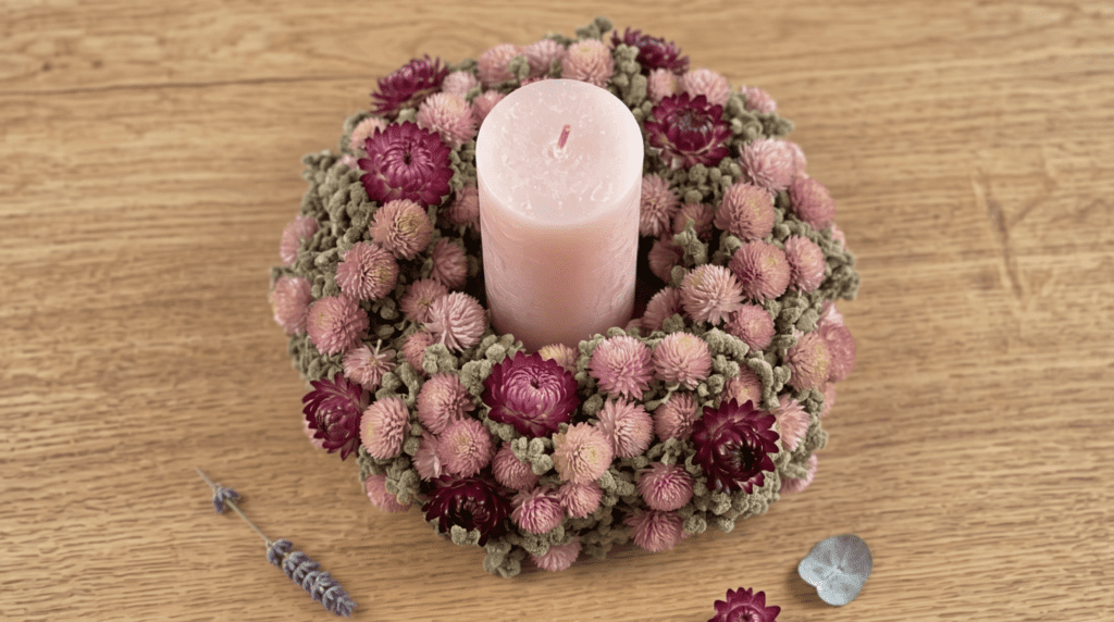 The Rosé – Trockenblumenkranz Ø 20 cm aus Kugelamarant, Ton in Ton