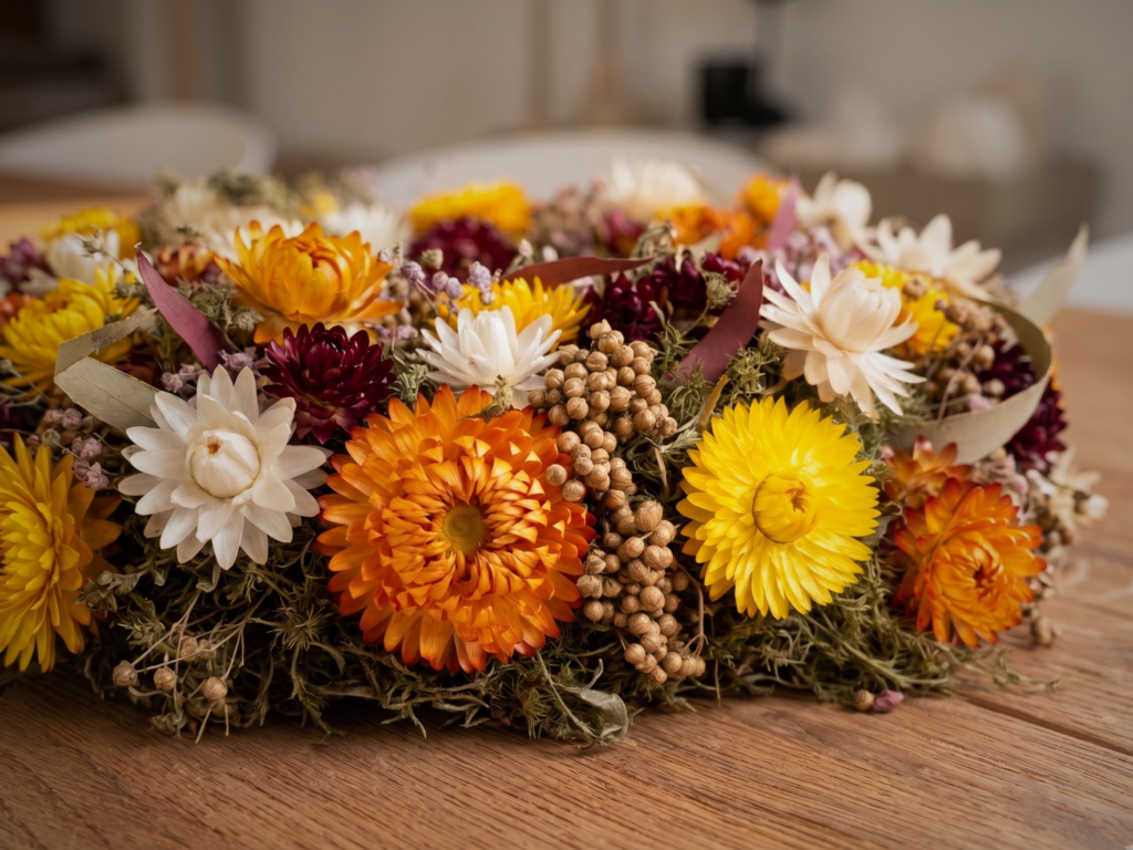 The Marigold – Trockenblumenkranz Ø 28 cm in Orange und Honiggelb