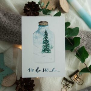 Weihnachtskarte Ho Ho Ho mit Aquarell-Tannenbaum im Glas und Lettering – Workshop mit Frau Feierlich im Atelier Wundervoll Kaarst