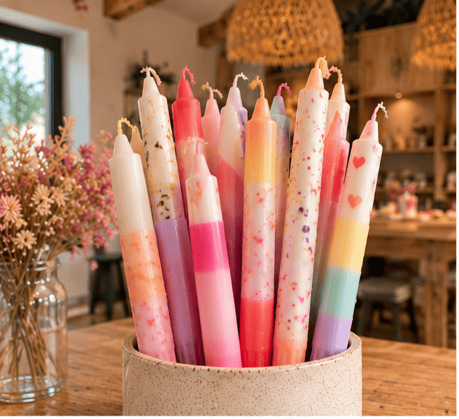 Dip Dye Kerzen Workshop Kaarst – bunte Stabkerzen mit Farbverläufen, Konfetti und Herzen in einem Becher im Atelier Wundervoll