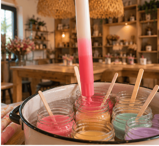 Eine Stabkerze wird in rosa Wachs getaucht – Dip Dye Kerzen Workshop im Atelier Wundervoll Kaarst