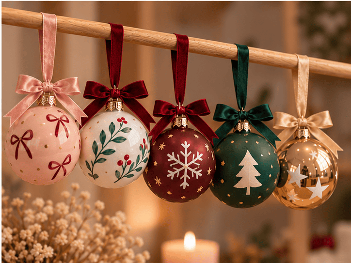 Weihnachtskugeln bemalen Workshop Kaarst – fünf selbst bemalte Glaskugeln in Rosé, Burgunderrot, Tannengrün und Gold mit Samtbändern im Atelier Wundervoll