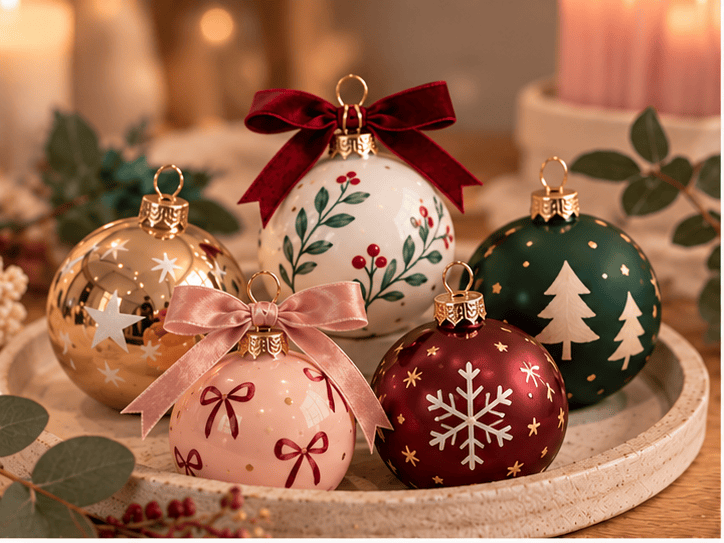 Selbst bemalte Weihnachtskugeln aus Glas mit Schleifen, Sternen und Tannenbäumen auf einem Tablett – Weihnachtskugeln bemalen im Atelier Wundervoll Kaarst