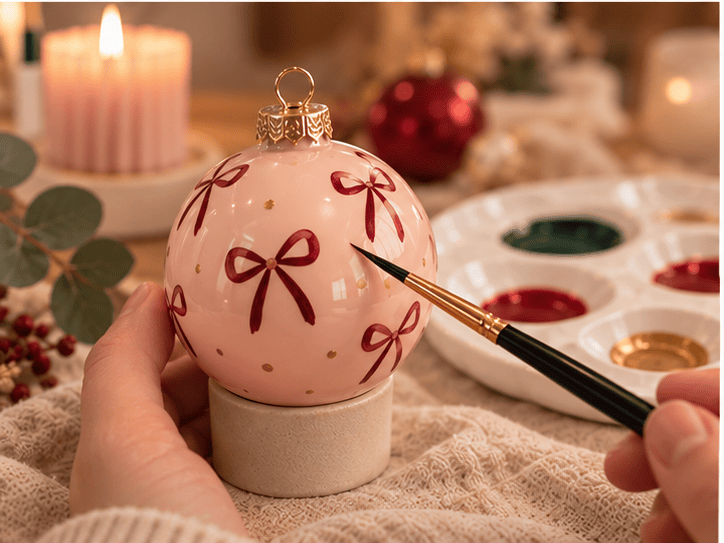 Eine Weihnachtskugel in Rosé wird mit feinem Pinsel mit Schleifen bemalt – Weihnachtskugeln bemalen Workshop im Atelier Wundervoll Kaarst